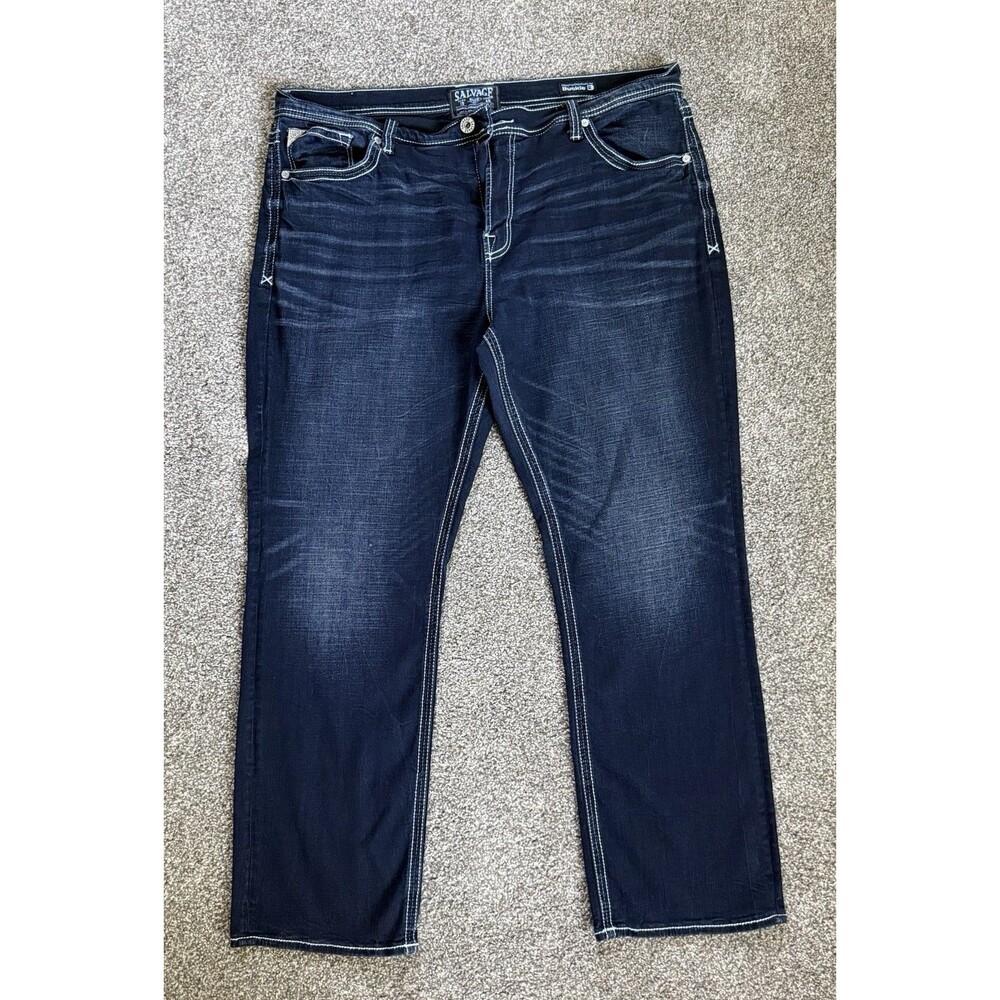 Salvage Jeans Mens 42x31 Dark Wash Straight Thick Stitch Denim Buckle